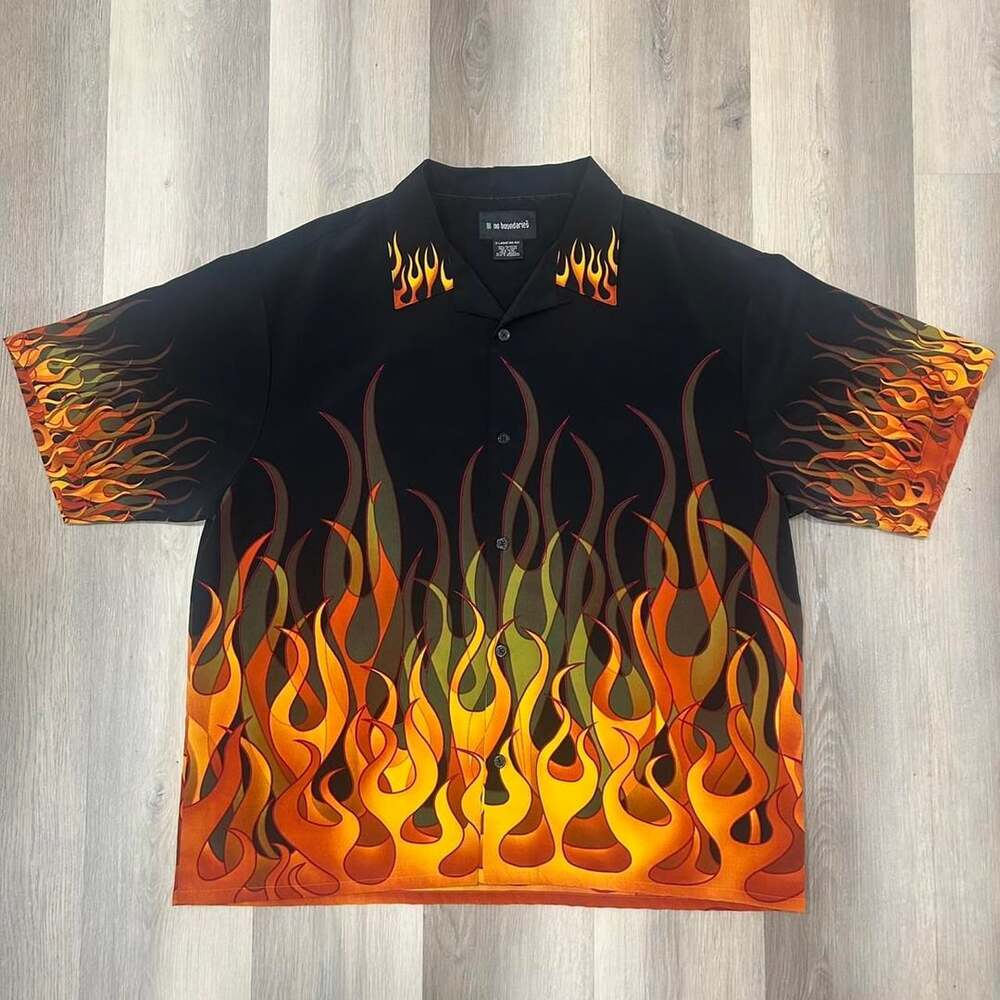 No Boundaries Flame Button Up Shirt Size X-Large (46/48) Black Orange